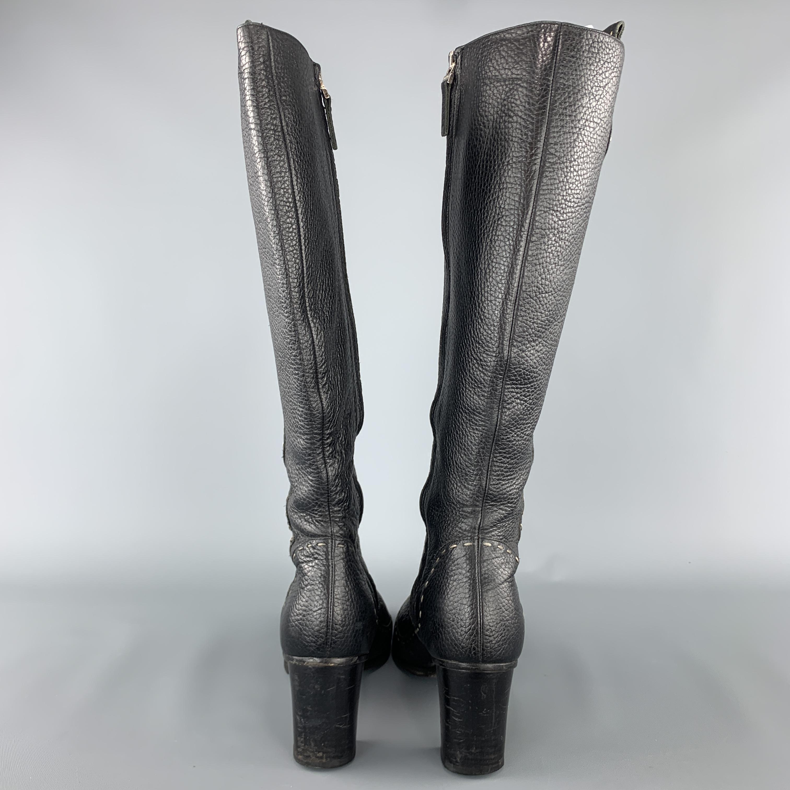 FENDI Size 9 Brown Textured Top Stitch SELLERIA Knee High Boots 1