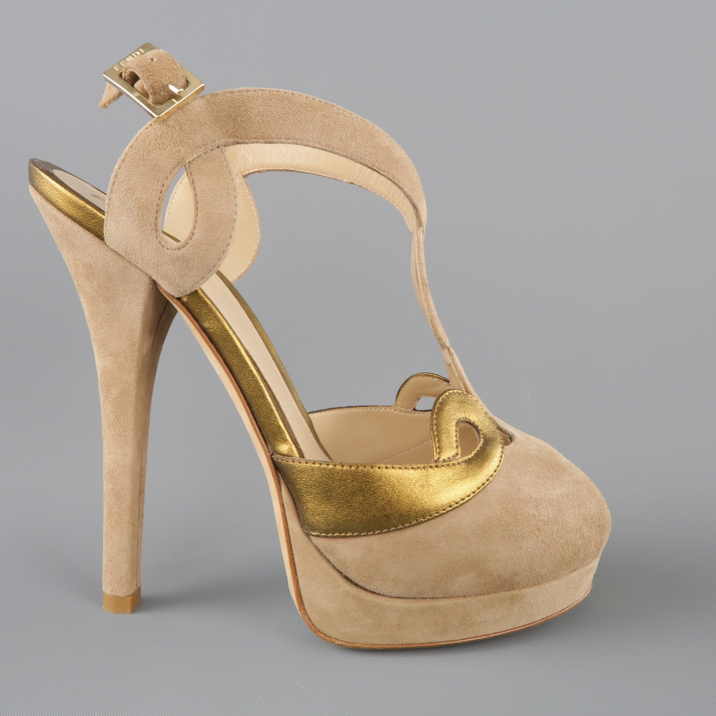 FENDI Size 9 Taupe Suede & Metallic Gold Leather Peep Toe Platform Sandals For Sale 3