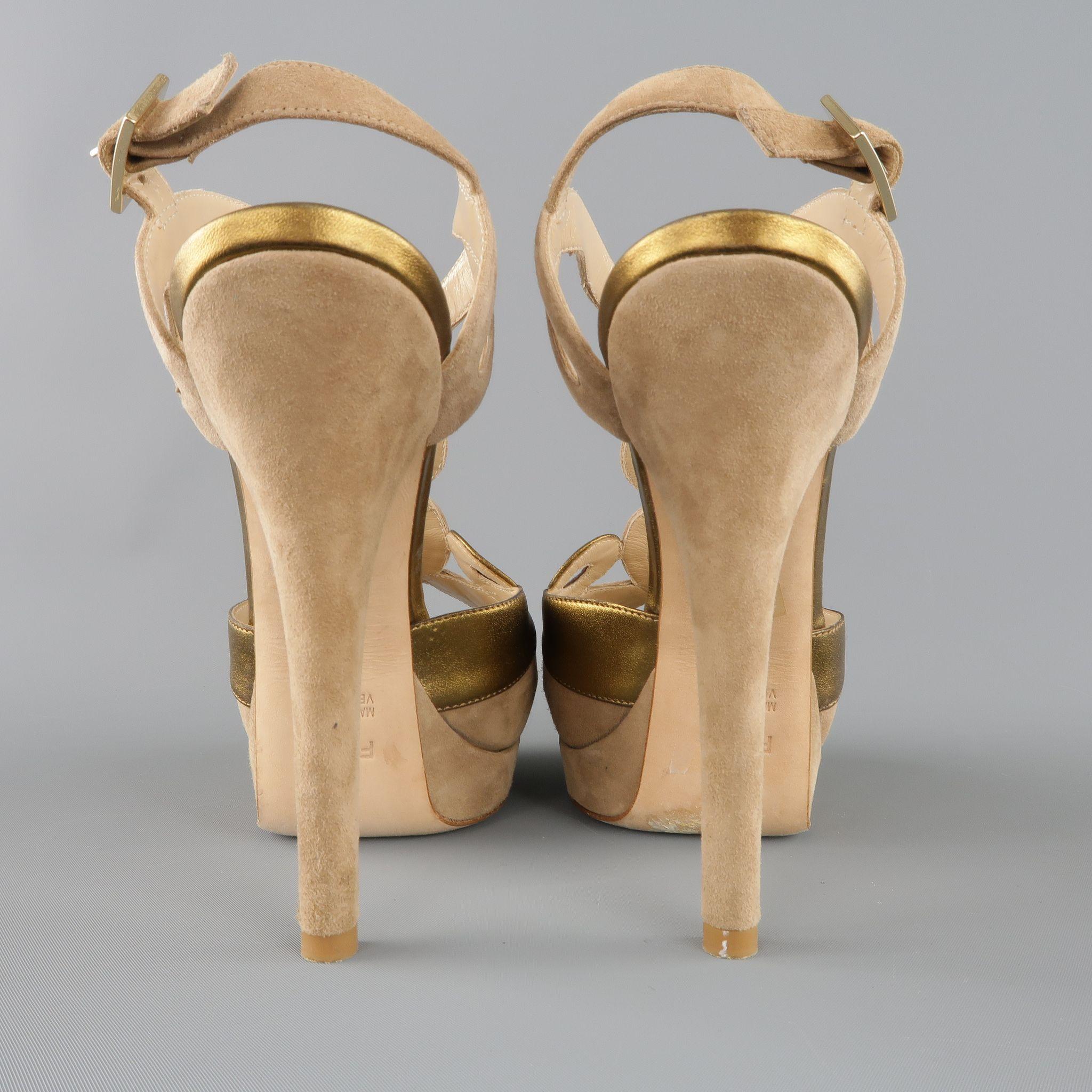 FENDI Size 9 Taupe Suede & Metallic Gold Leather Peep Toe Platform Sandals 2