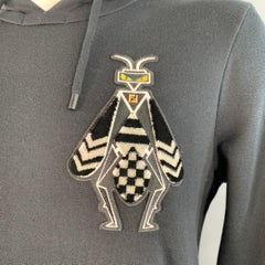 FENDI Size L Black White Yellow Insect Applique Cotton Hoodie Sweatshirt
