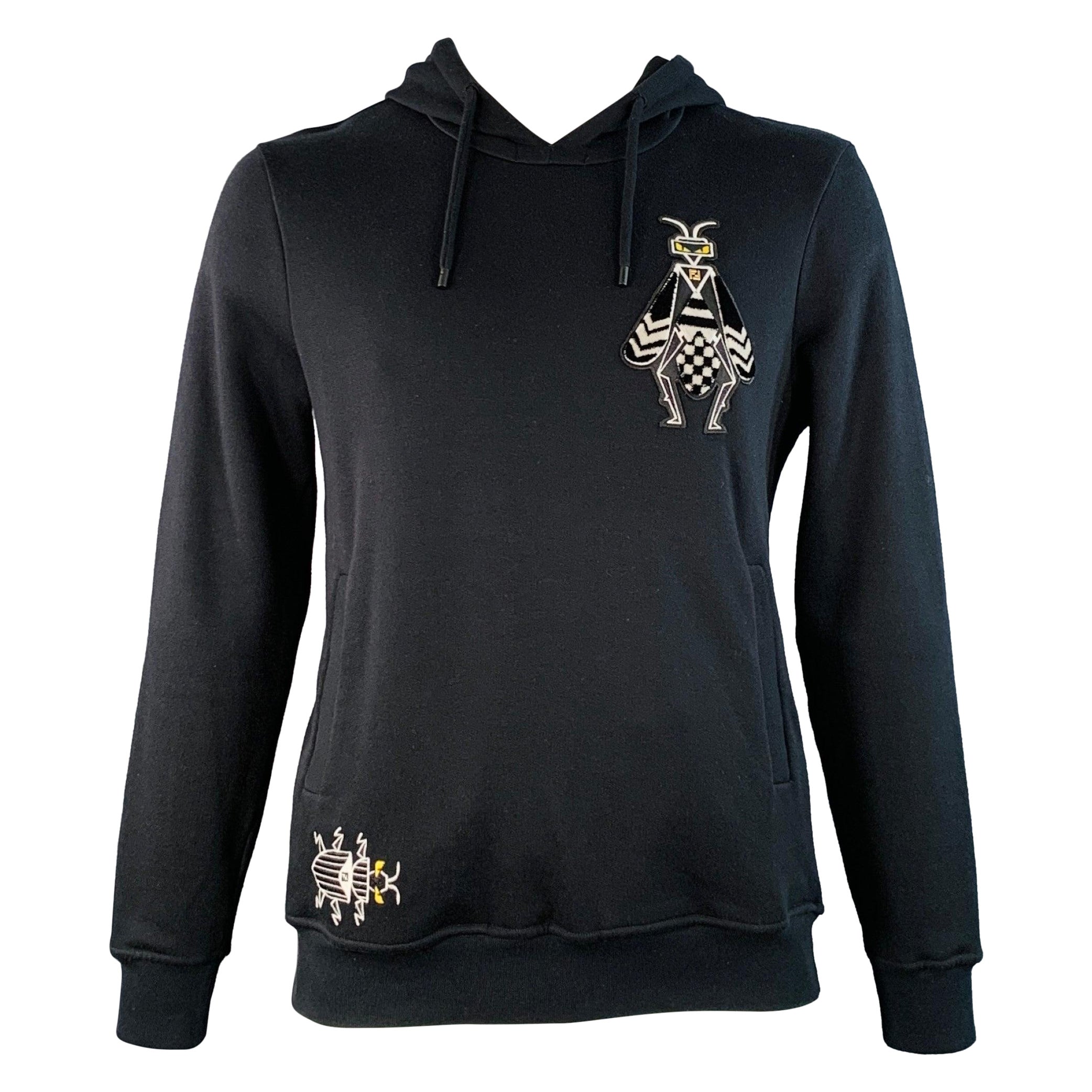 I.L.A. Taglia L Nero Bianco Giallo Insetto Applique Cotone Felpa con Cappuccio in vendita