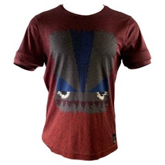 FENDI Size M Burgundy Blue Print Cotton T Shirt