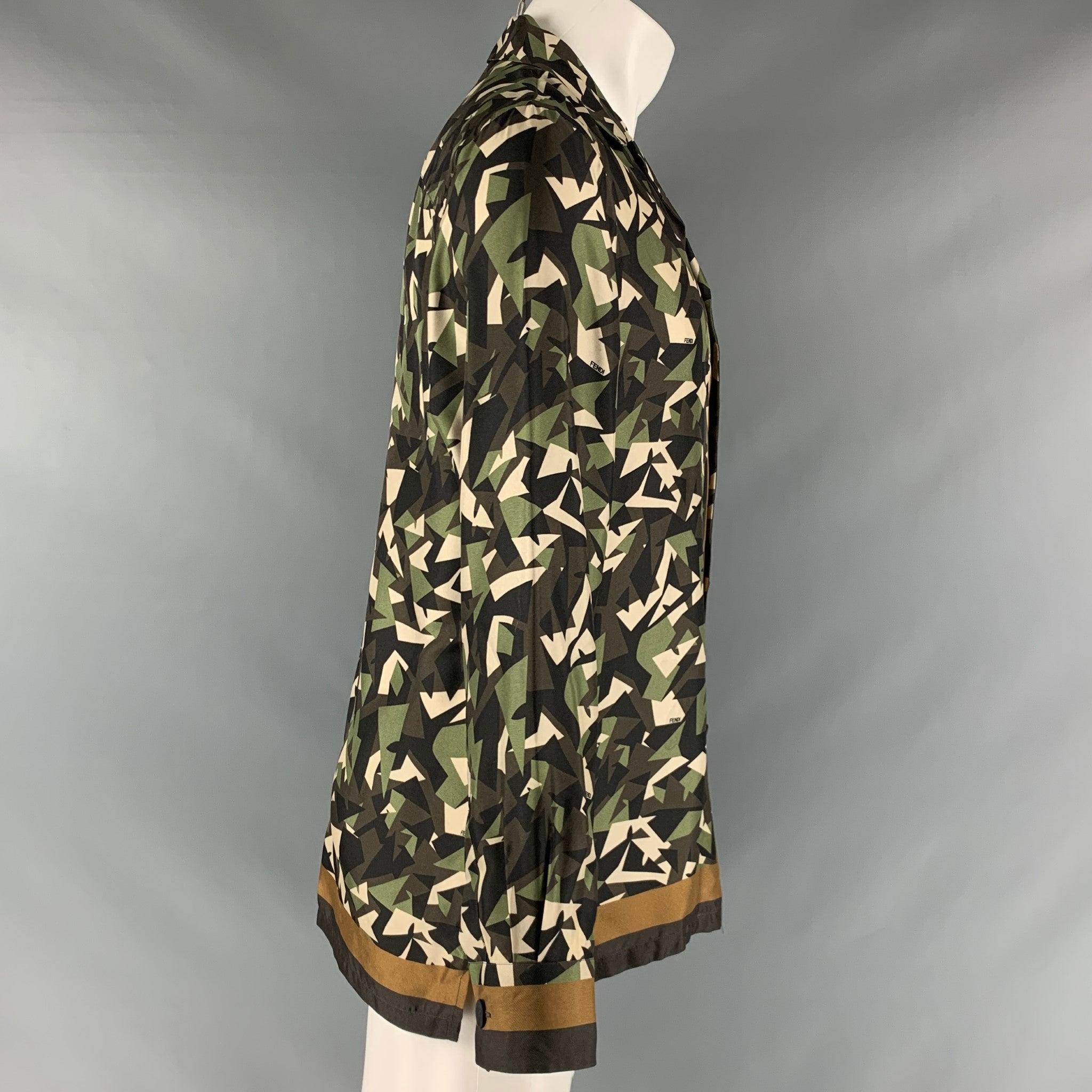 FENDI Size M Green Brown Abstract Silk Button Up Long Sleeve Shirt In Excellent Condition For Sale In San Francisco, CA