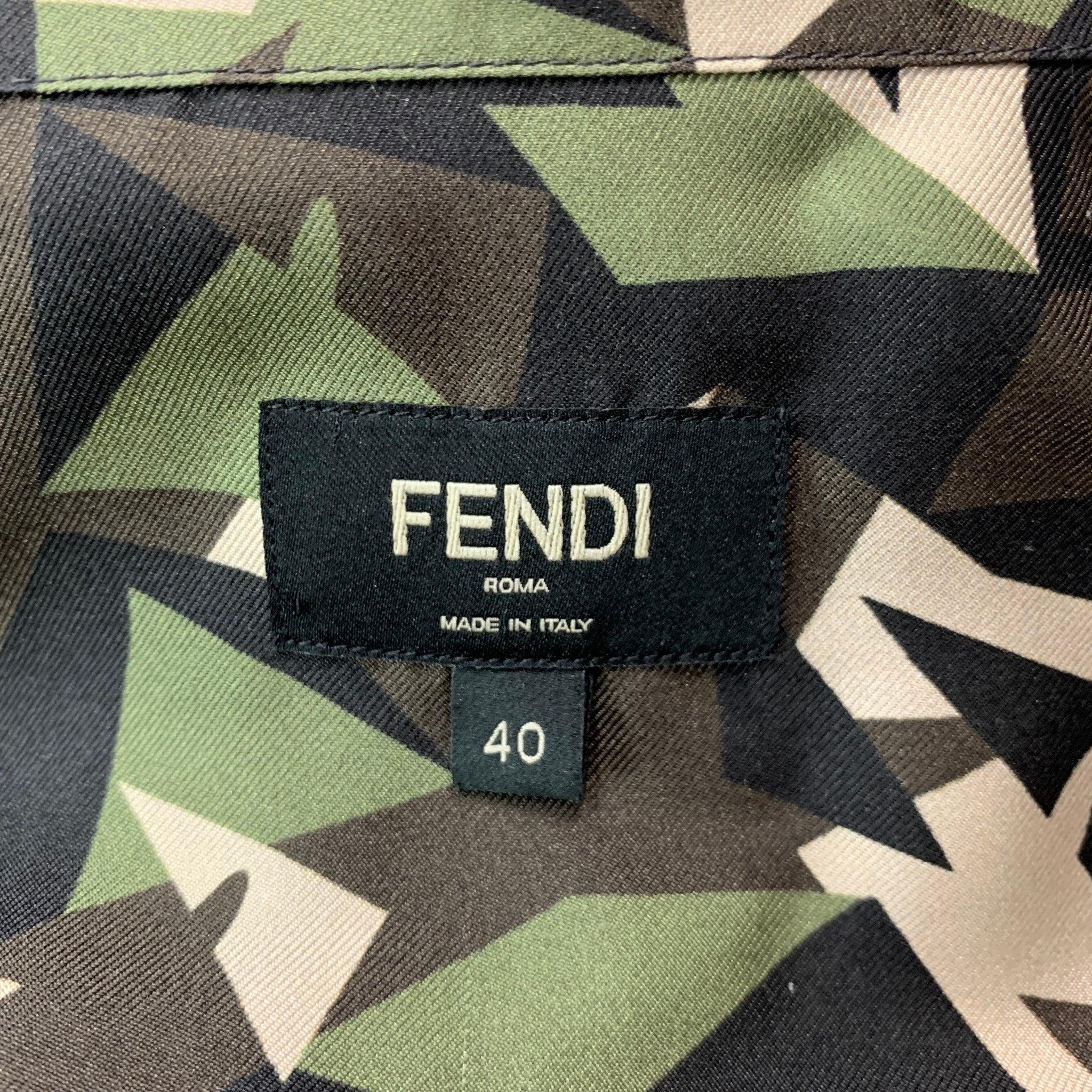 FENDI Size M Green Brown Abstract Silk Button Up Long Sleeve Shirt For Sale 1