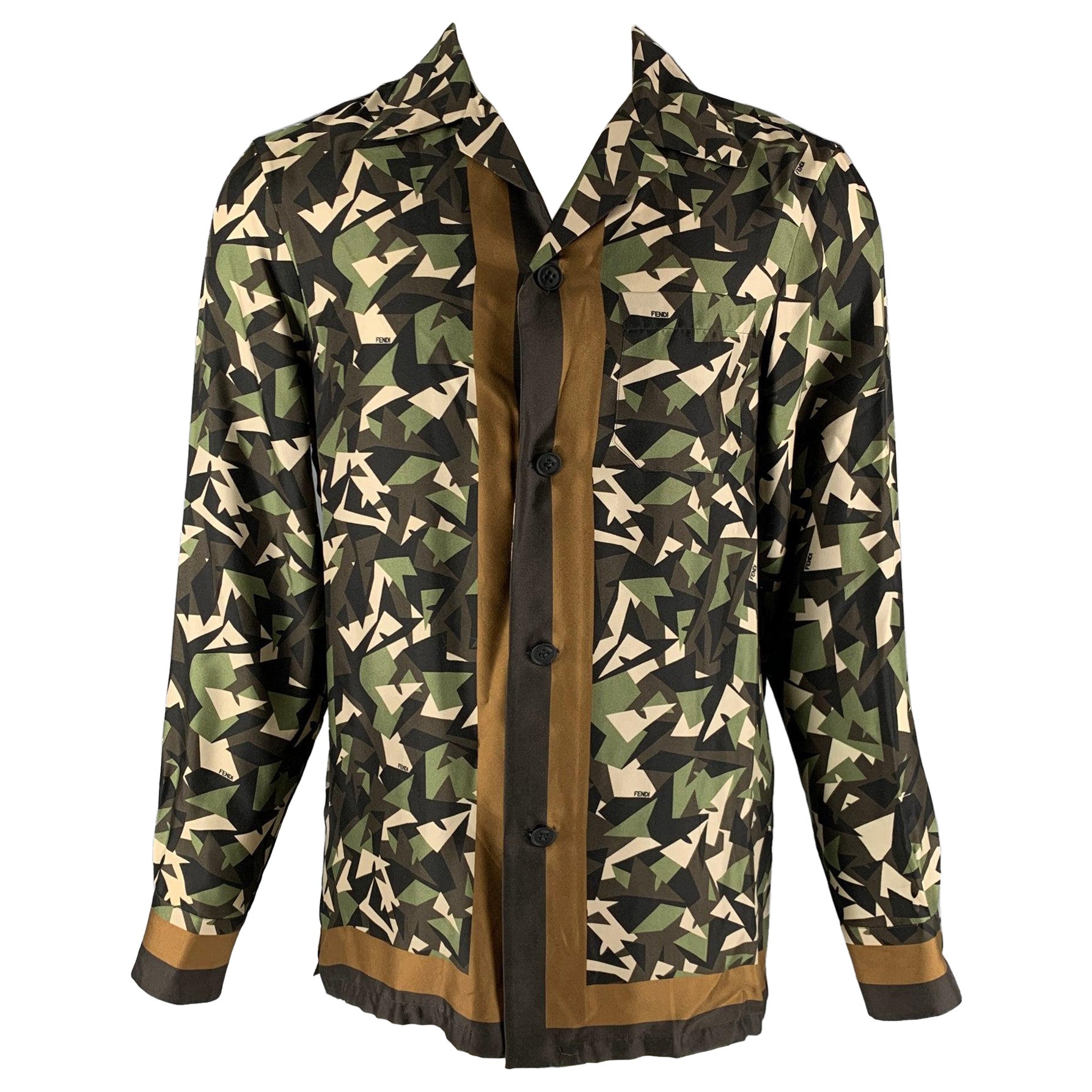 FENDI Talla M Verde Marrón Abstracto Seda Camisa Abotonada Manga Larga