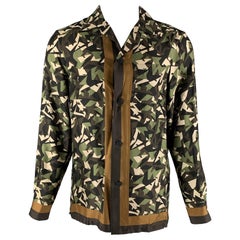 FENDI Talla M Verde Marrón Abstracto Seda Camisa Abotonada Manga Larga