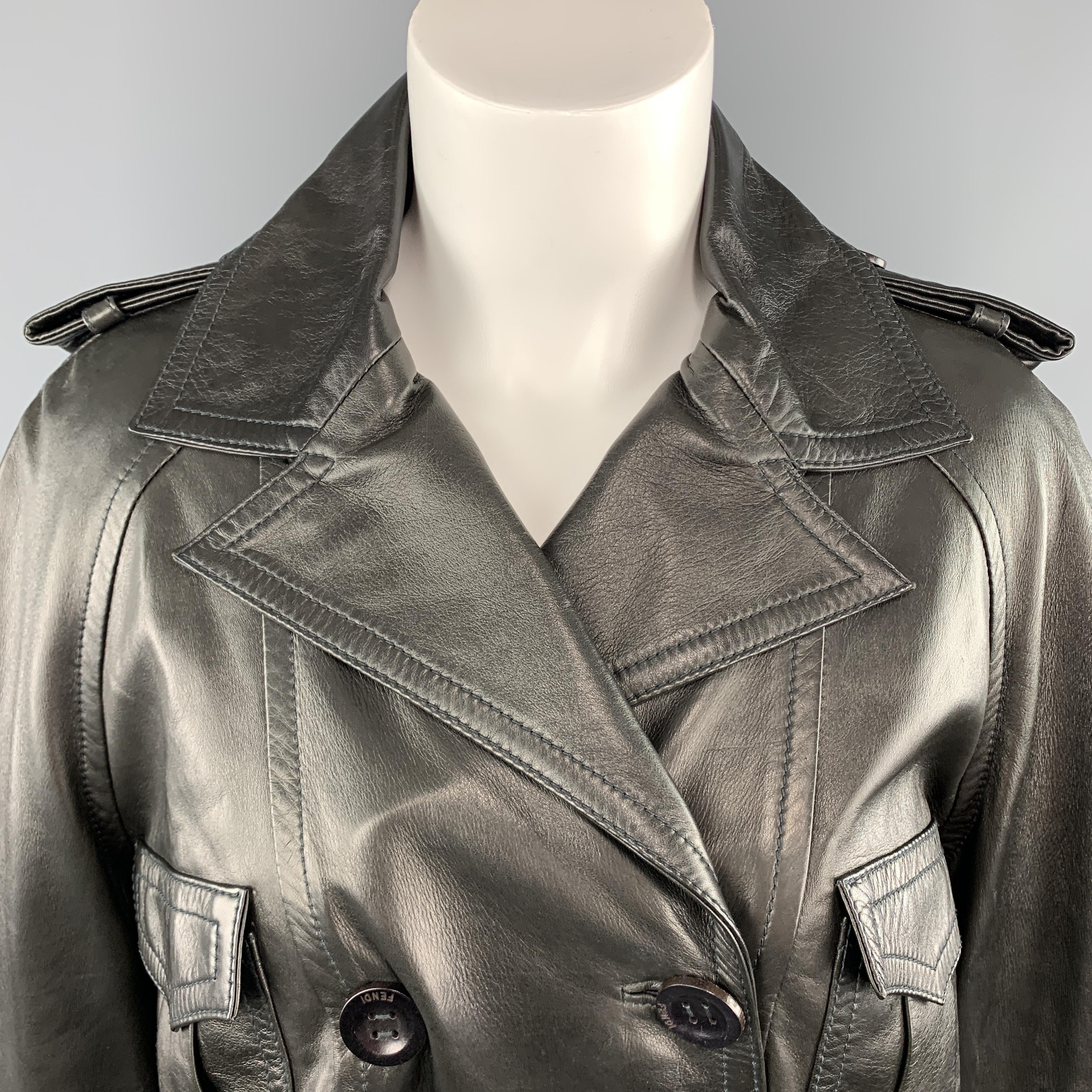 FENDI cropped military style jacket comes in smooth black leather with a double breasted button front, pointed lapel, raglan sleeves with epaulets, and patch flap breast pockets. Made in Italy.

Excellent Pre-Owned Condition.
Marked: IT