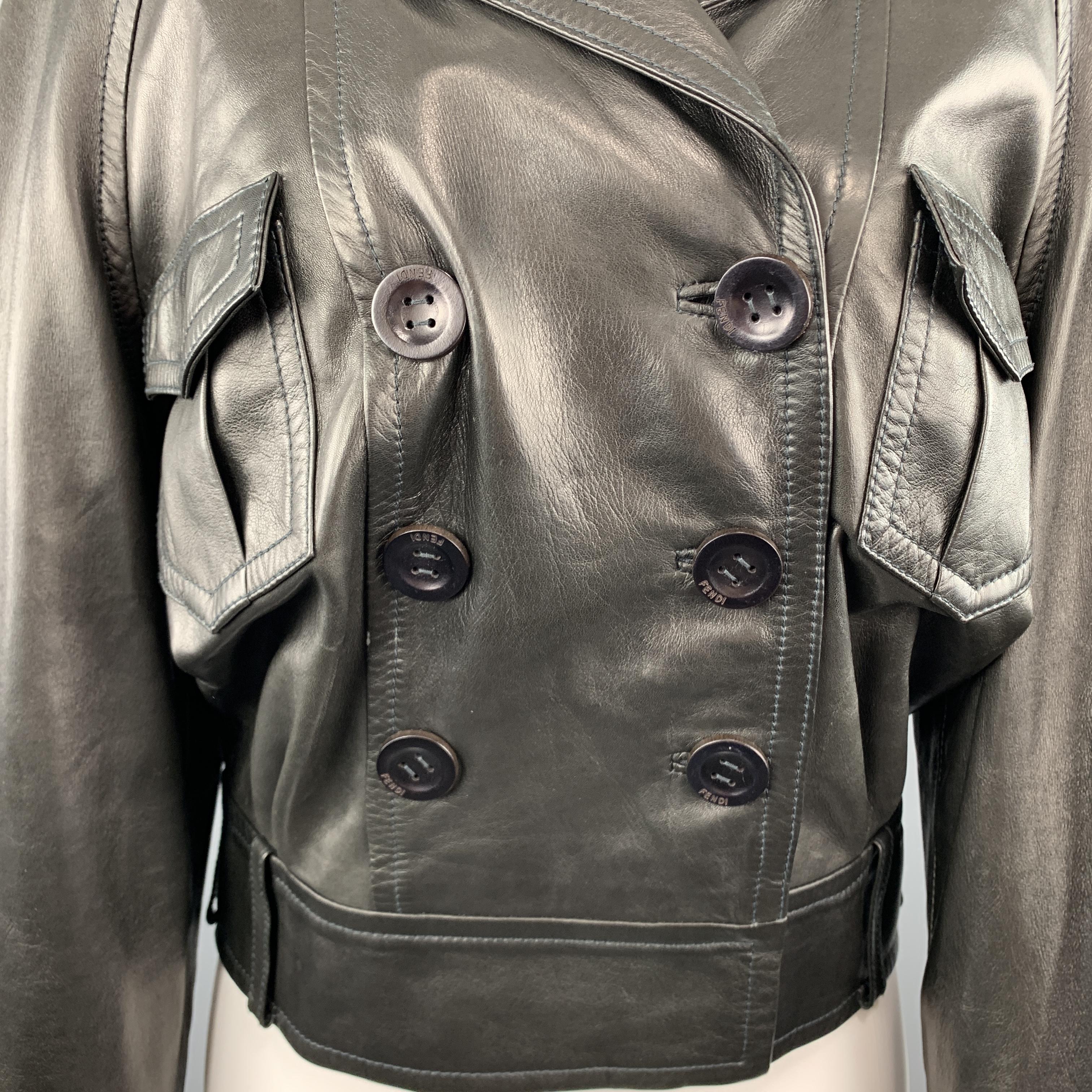 FENDI Size S Black Leather Double Breasted Military Jacket In Excellent Condition In San Francisco, CA