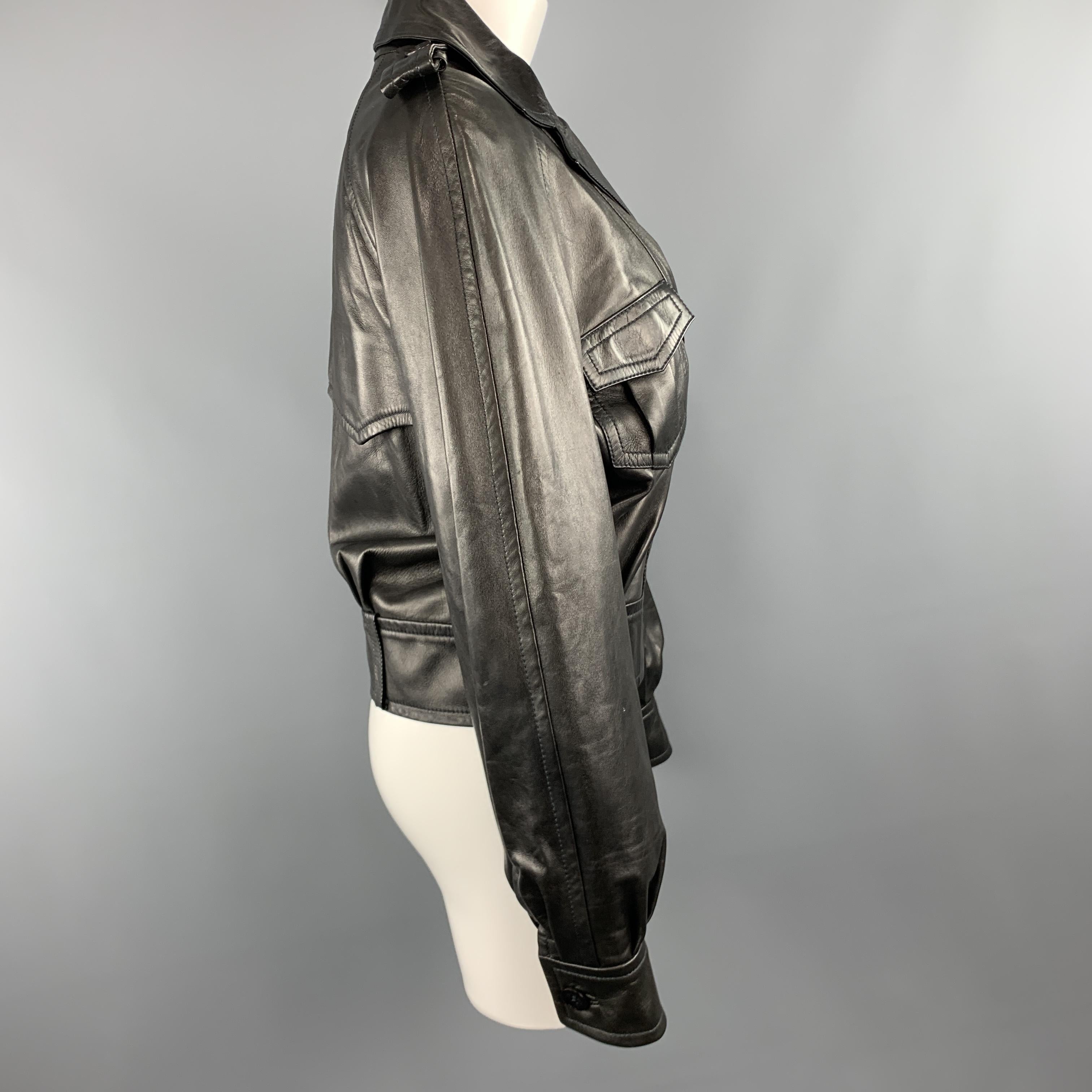 FENDI Size S Black Leather Double Breasted Military Jacket 2
