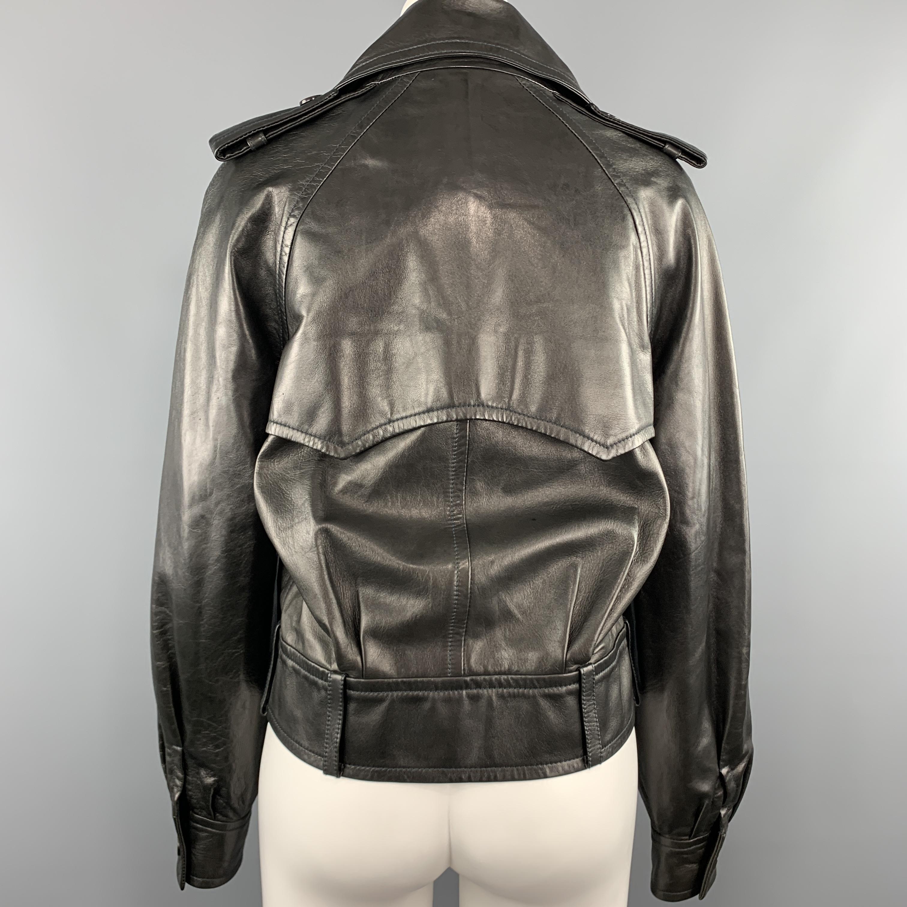 FENDI Size S Black Leather Double Breasted Military Jacket 3