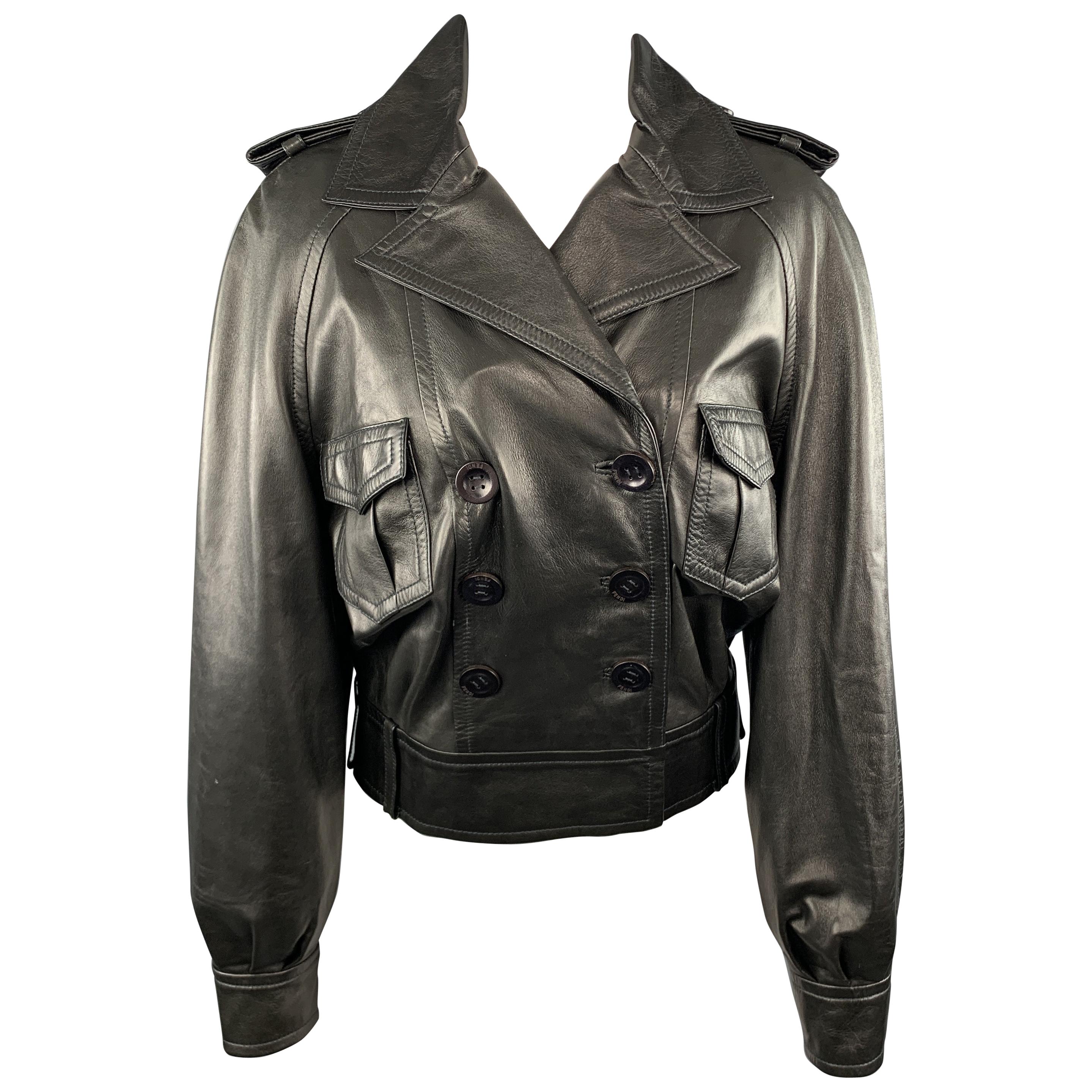 FENDI Size S Black Leather Double Breasted Military Jacket