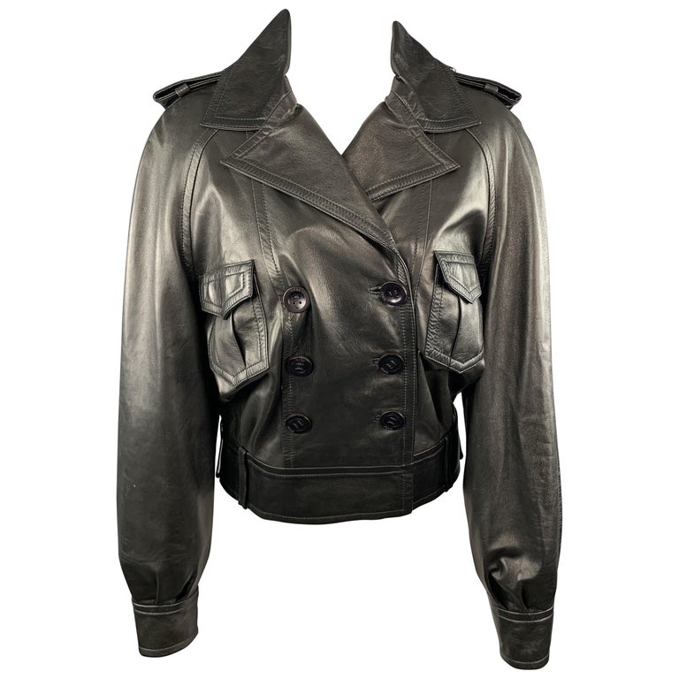 FENDI Size S Black Leather Double Breasted Military Jacket For Sale at ...