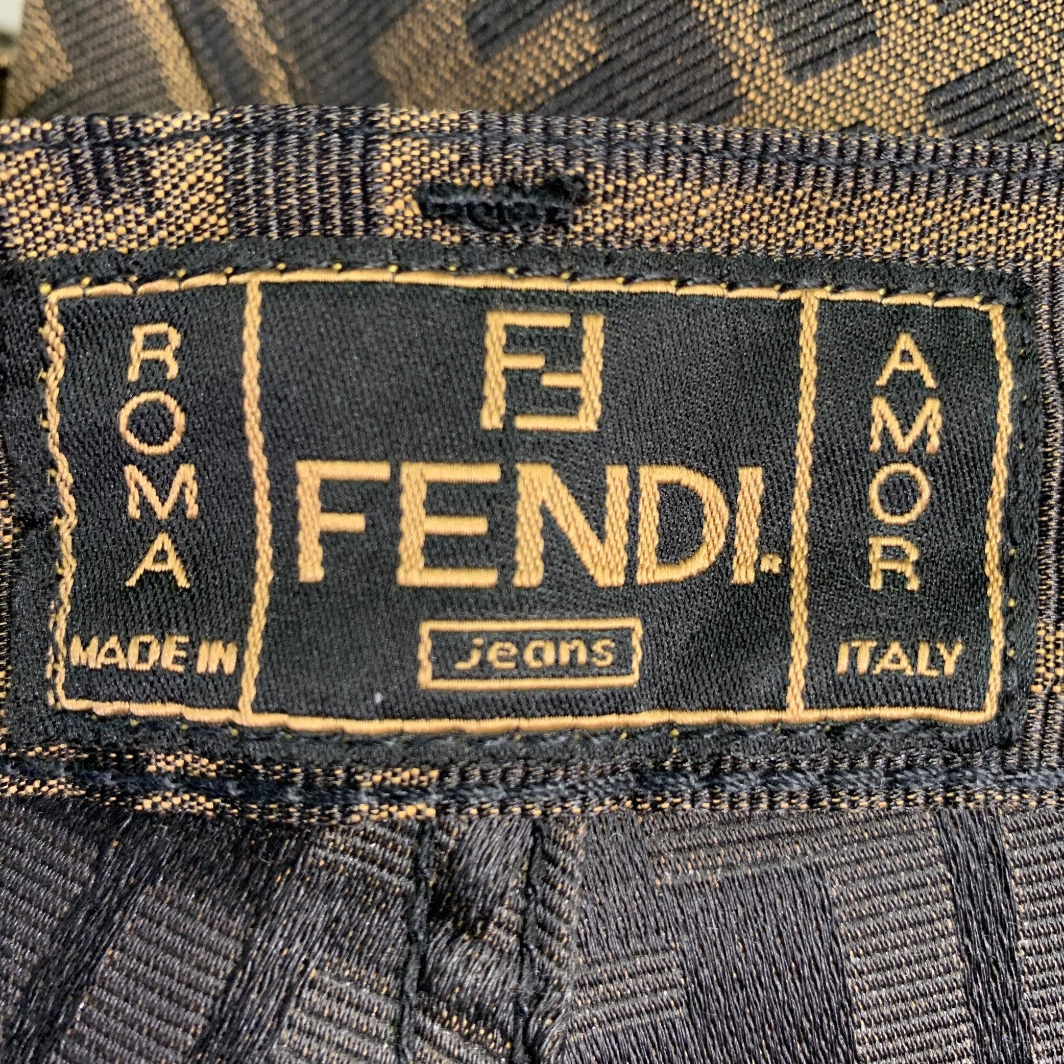 FENDI Taille XS Brown Noir Polyester Coton Zucca Monogram High Waist Jeans Pour femmes en vente