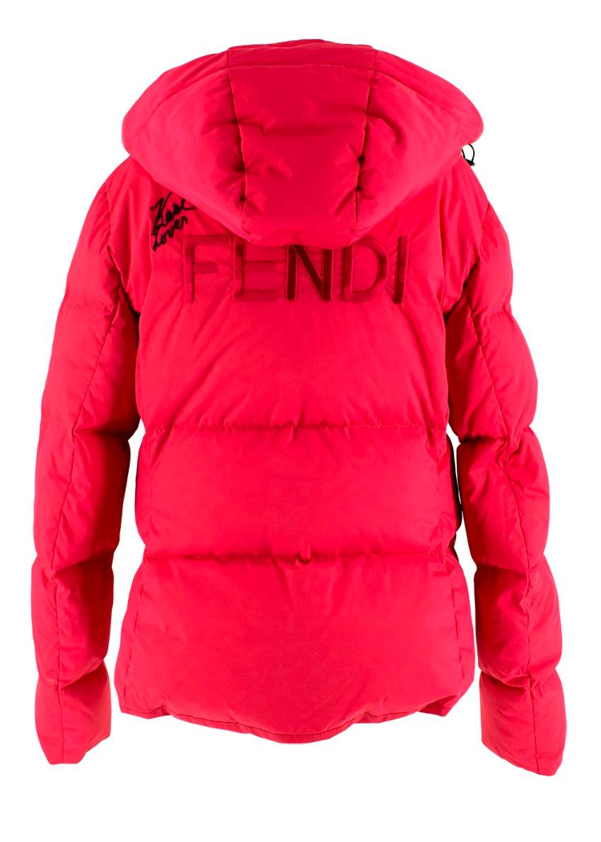 Fendi Ski Karl Loves' Embroidered Red Puffer Jacket

- Fendi logo Embroidery & Karl Loves' on the back in red & black
- Filled with white goose down  & feathers
- Vibrant red hue
- Detachable Hood fastened with a black zip
- Very warm jacket perfect