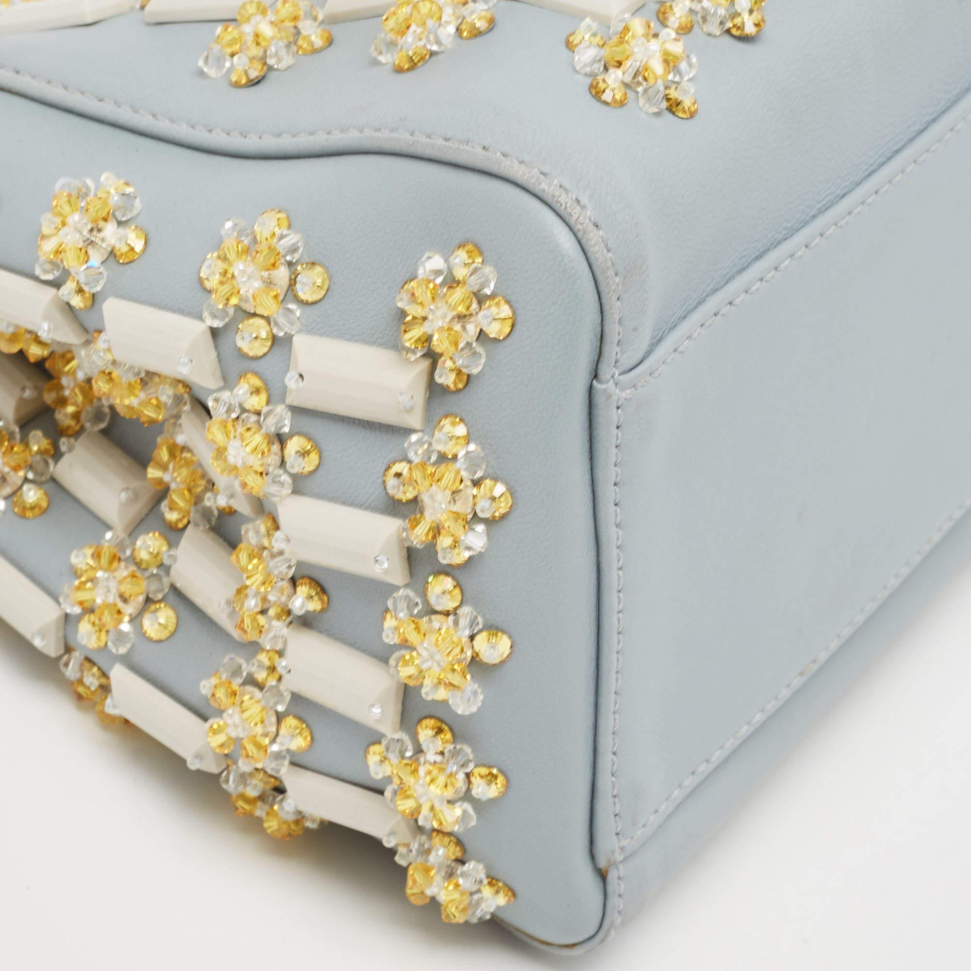 Fendi Sky Blue Leather Mini Crystal Embellished Peekaboo Top Handle Bag For Sale 8