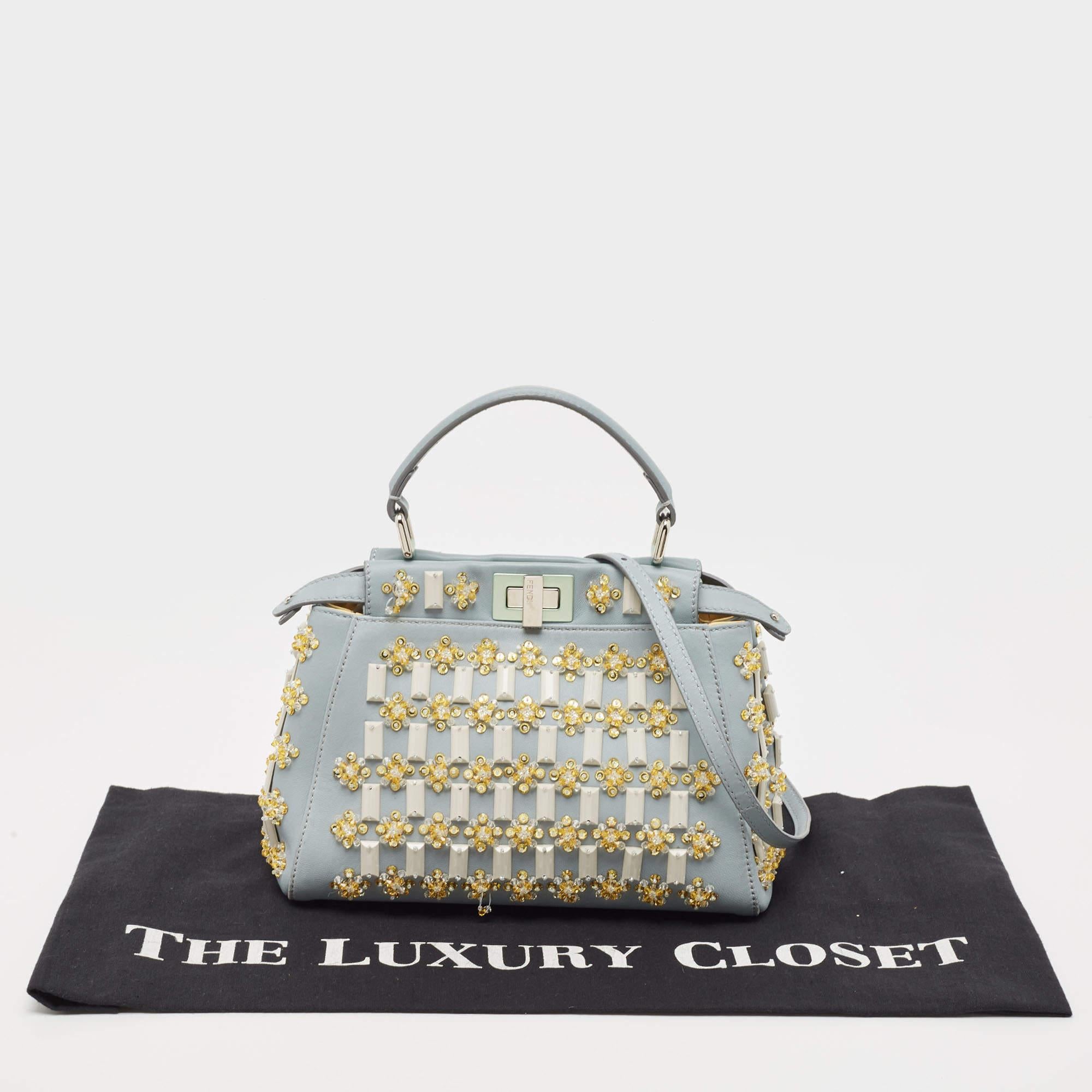 Fendi Sky Blue Leather Mini Crystal Embellished Peekaboo Top Handle Bag For Sale 9