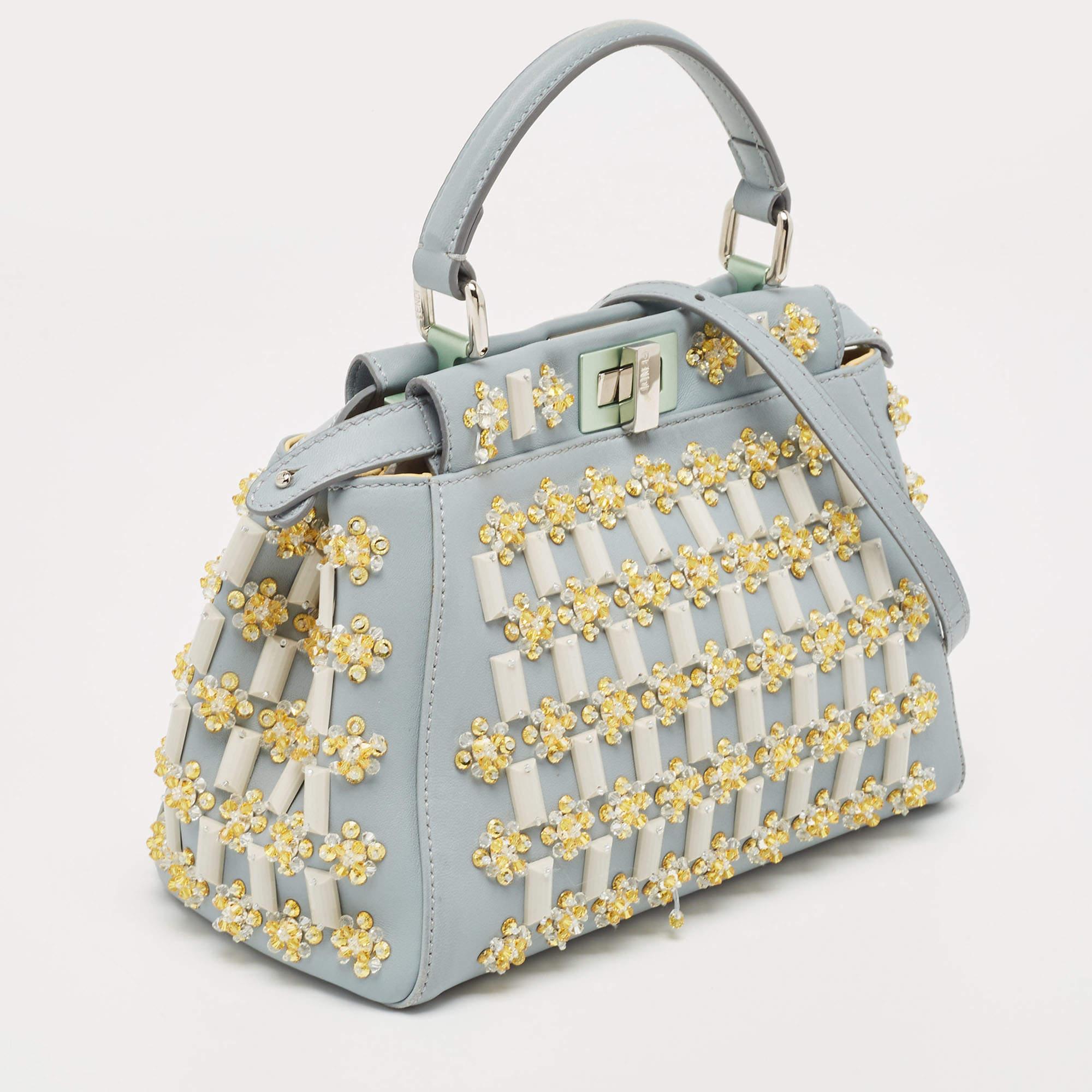 Fendi Sky Blue Leather Mini Crystal Embellished Peekaboo Top Handle Bag In Good Condition For Sale In Dubai, Al Qouz 2