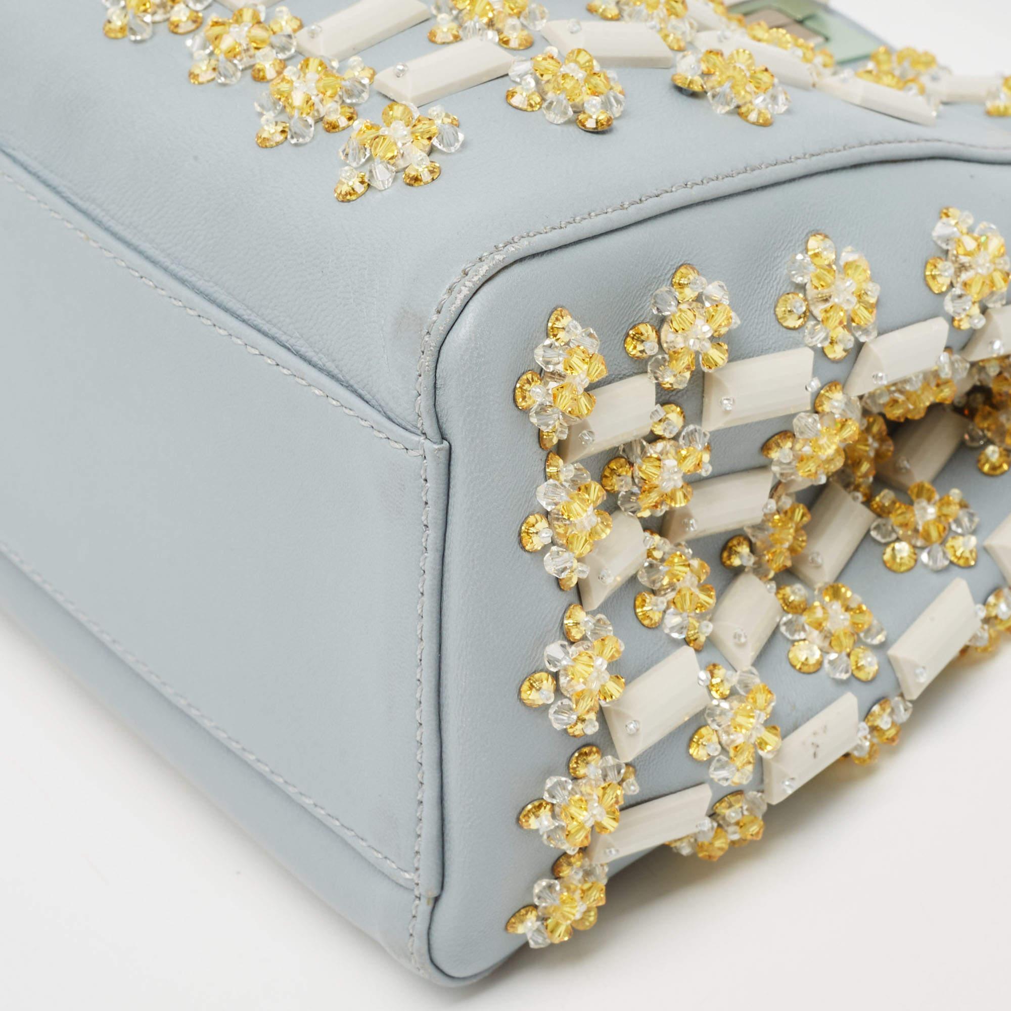 Women's Fendi Sky Blue Leather Mini Crystal Embellished Peekaboo Top Handle Bag For Sale