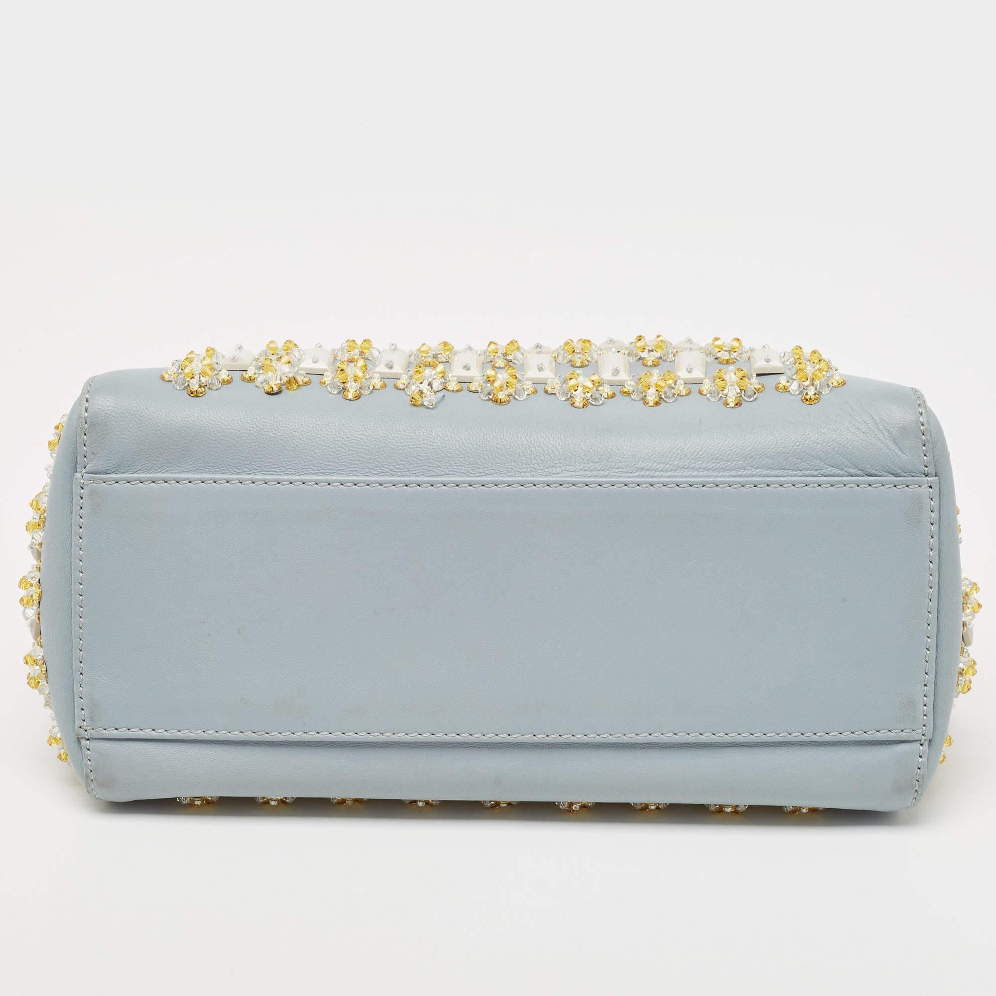 Fendi Sky Blue Leather Mini Crystal Embellished Peekaboo Top Handle Bag For Sale 2