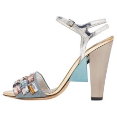 Fendi Sliver Leather and Fabric Crystals Embellished Ankle Strap Sandals Size 38