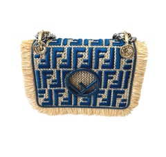 Fendi Small Kan I Shoulder Cross Body Bag in Embroidered Raffia and Blue Leather
