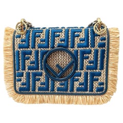 Fendi Small Kan I Shoulder Cross Body Bag in Embroidered Raffia and Blue Leather