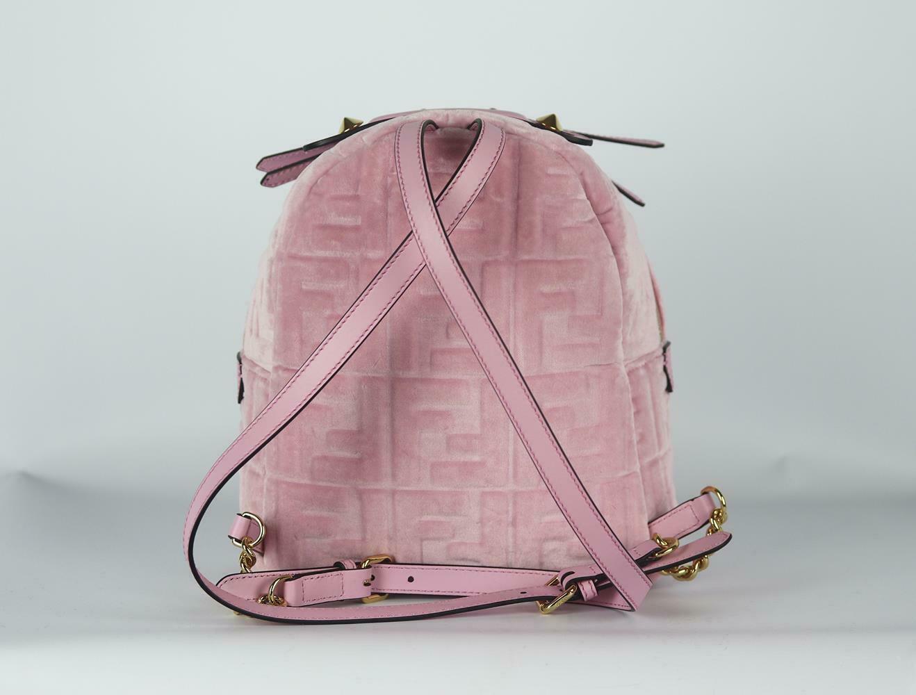 Beige Fendi Small Leather Trimmed Logo Embossed Velvet Backpack For Sale