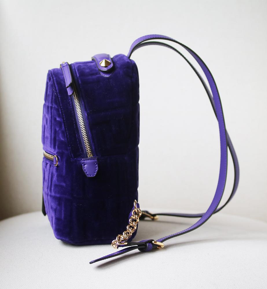 Purple Fendi Small Logo Embossed Velvet Backpack