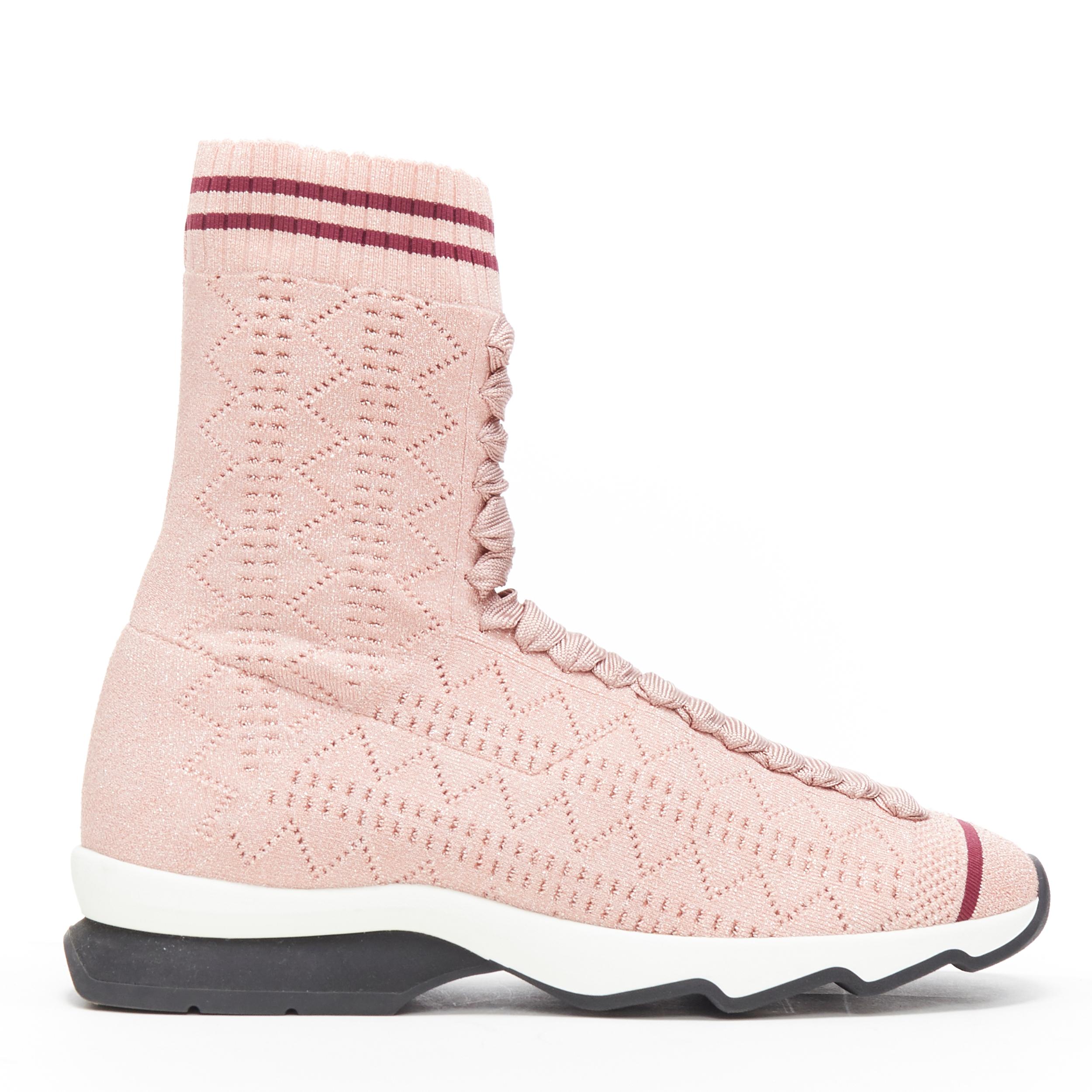FENDI Sock Sneaker pink silver lurex round toe knitted high top shoes EU36
Brand: Fendi
Model Name / Style: Sock sneakers
Material: Fabric
Color: Pink
Pattern: Solid
Closure: Pull on
Extra Detail: Low (1-1.9 in) heel height. Round toe.
Made in: