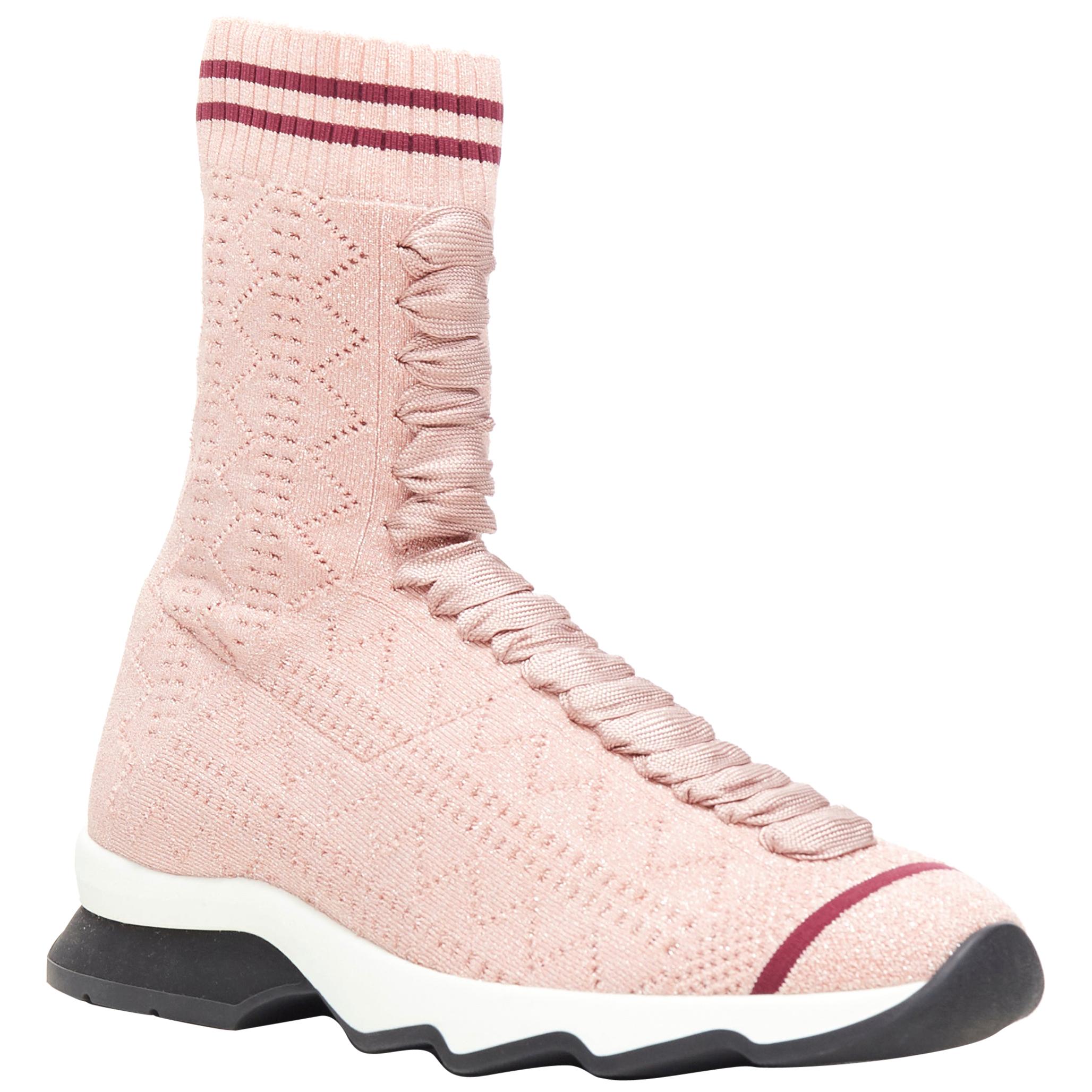 FENDI Sock Sneaker pink silver lurex round toe knitted high top shoes EU36
