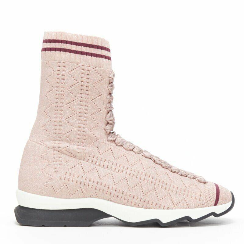 FENDI Sock Sneaker pink silver lurex round toe knitted high top shoes EU36 US6
Reference: TGAS/A05221
Brand: Fendi
Model: Sock sneakers
Material: Fabric
Color: Pink
Pattern: Solid
Closure: Pull On
Made in: Italy

CONDITION:
Condition: Very good,