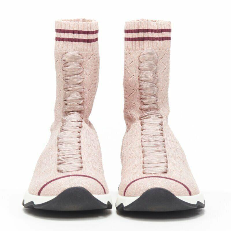 FENDI Sock Sneaker pink silver lurex round toe knitted high top shoes EU36 US6 In Good Condition In Hong Kong, NT