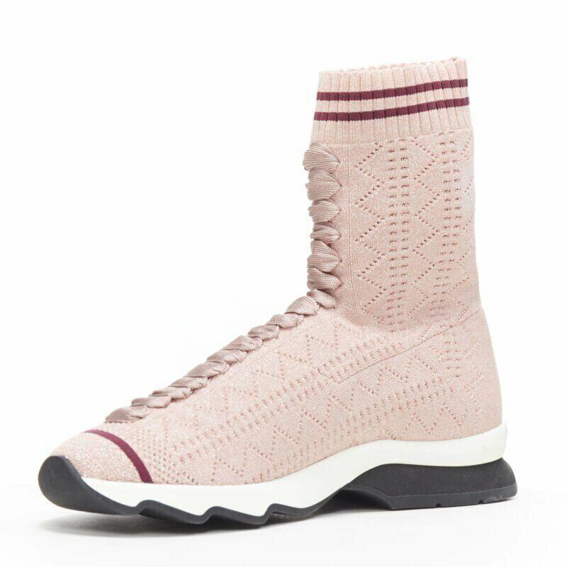 Women's FENDI Sock Sneaker pink silver lurex round toe knitted high top shoes EU36 US6