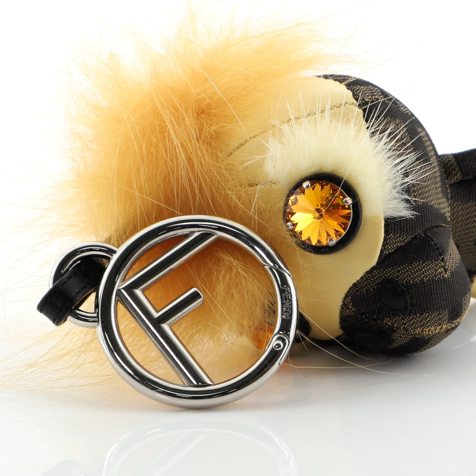 Fendi Space Monkey Bag Charm Zucca Canvas with Leather and Fur In Good Condition In NY, NY