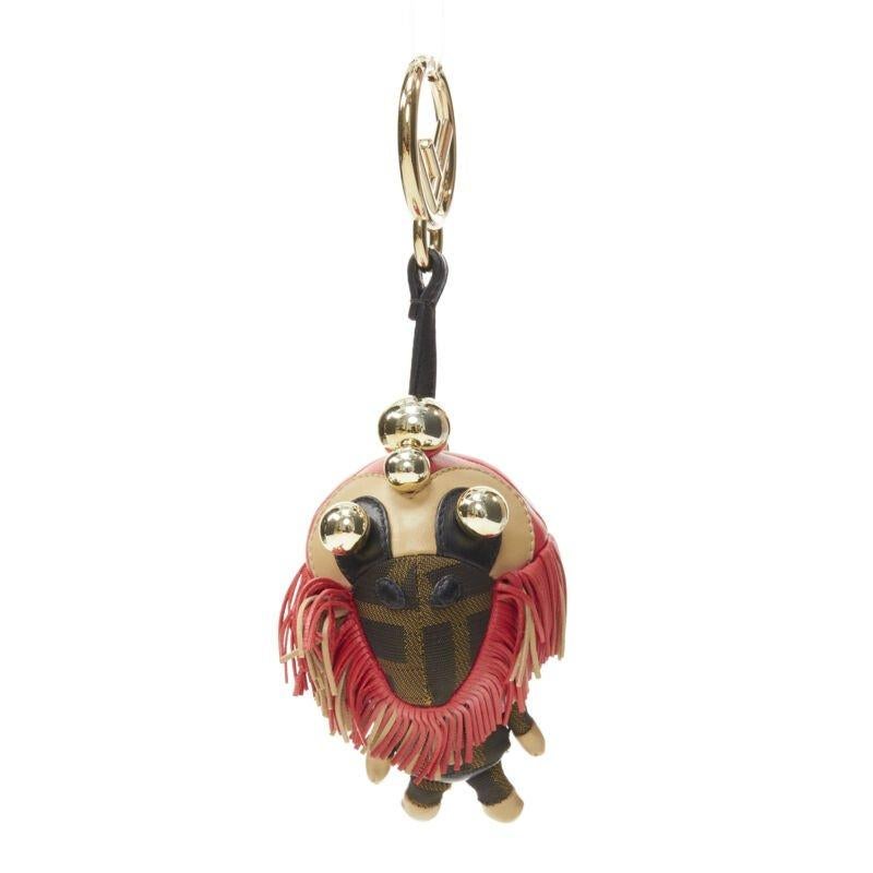 Brown FENDI Space Monkey Zucca FF monogram red fringe gold stud keyring bag charm