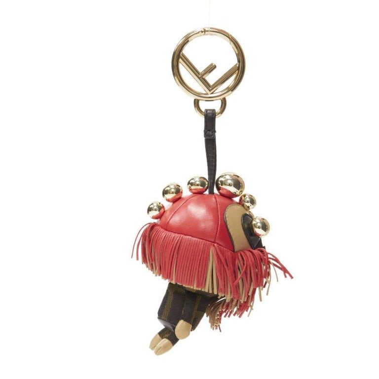 FENDI Space Monkey Zucca FF monogram red fringe gold stud keyring bag charm For Sale at 1stDibs