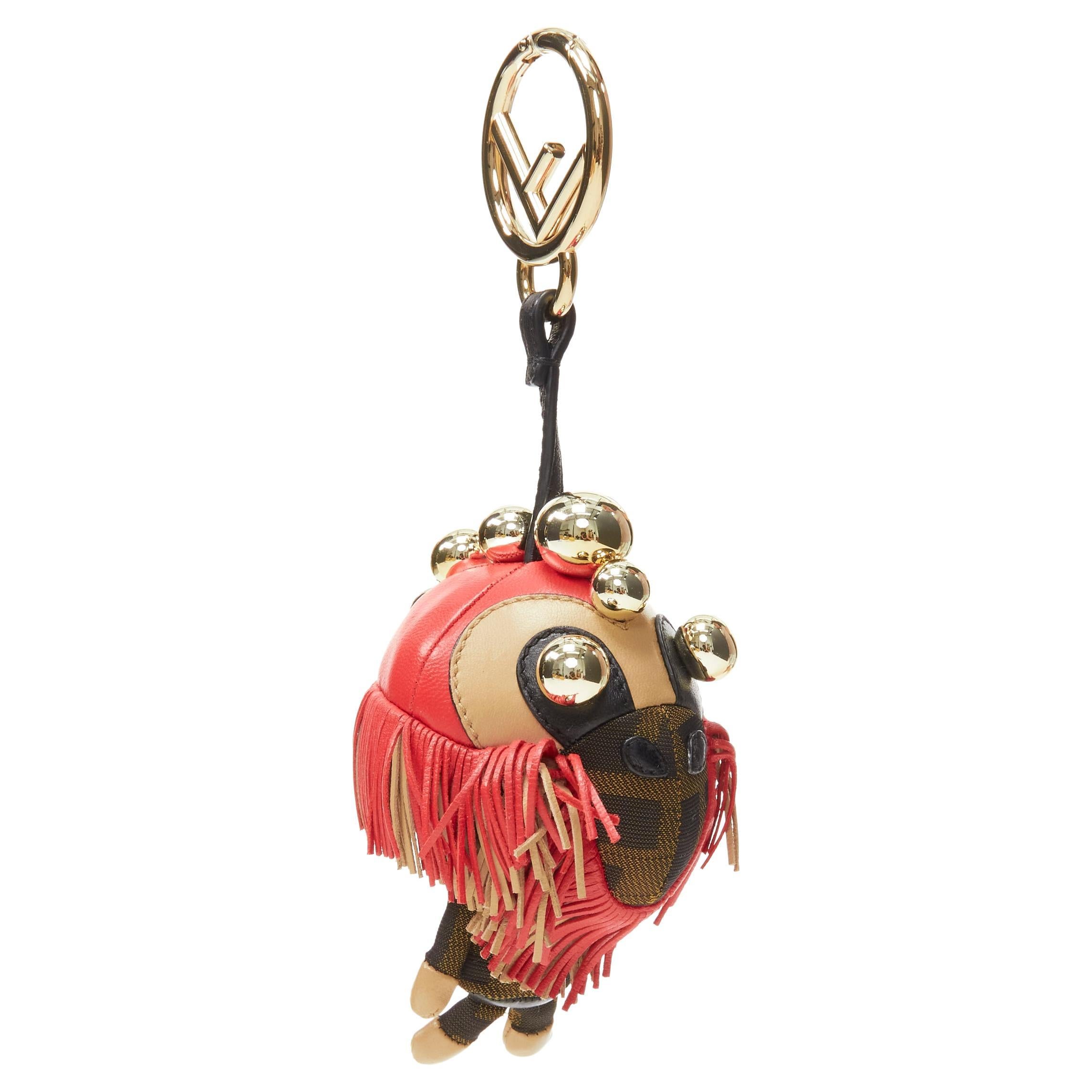 FENDI Space Monkey Zucca FF monogram red fringe gold stud keyring bag charm For Sale