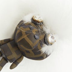 FENDI Space Monkey Zucca FF monogram white fur crystal keyring bag charm