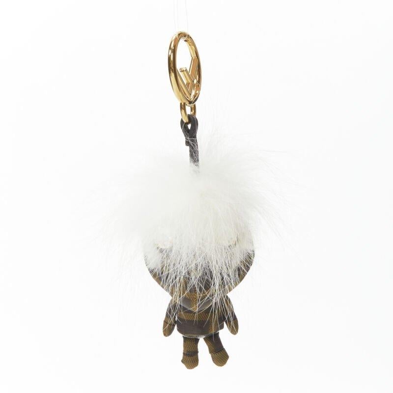 White FENDI Space Monkey Zucca FF monogram white fur crystal keyring bag charm