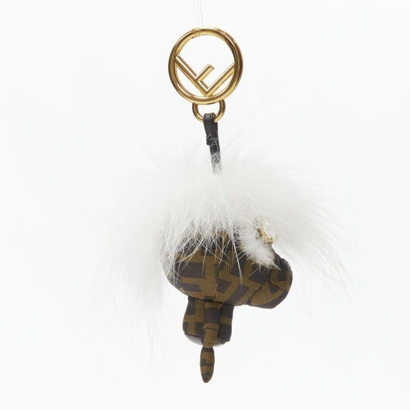 FENDI Space Monkey Zucca FF monogram white fur crystal keyring bag charm In Excellent Condition In Hong Kong, NT