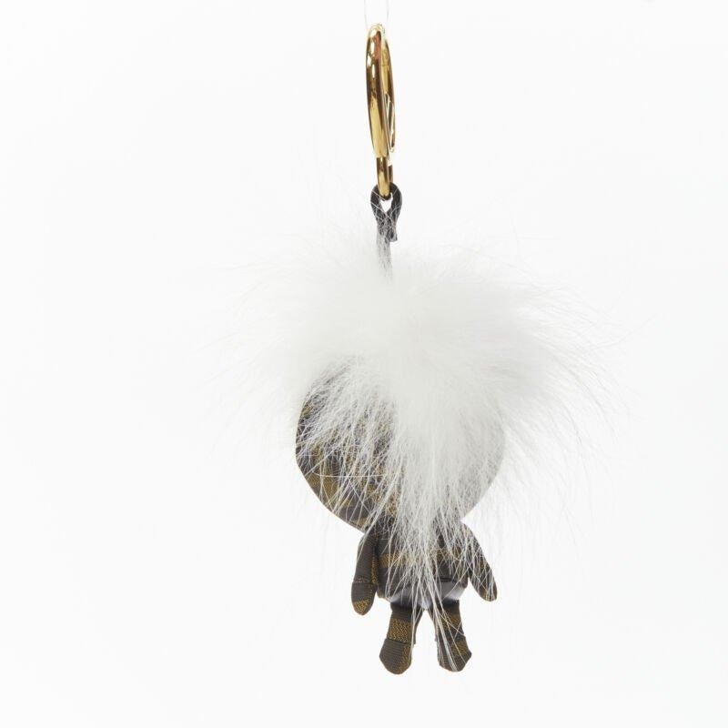 Women's or Men's FENDI Space Monkey Zucca FF monogram white fur crystal keyring bag charm