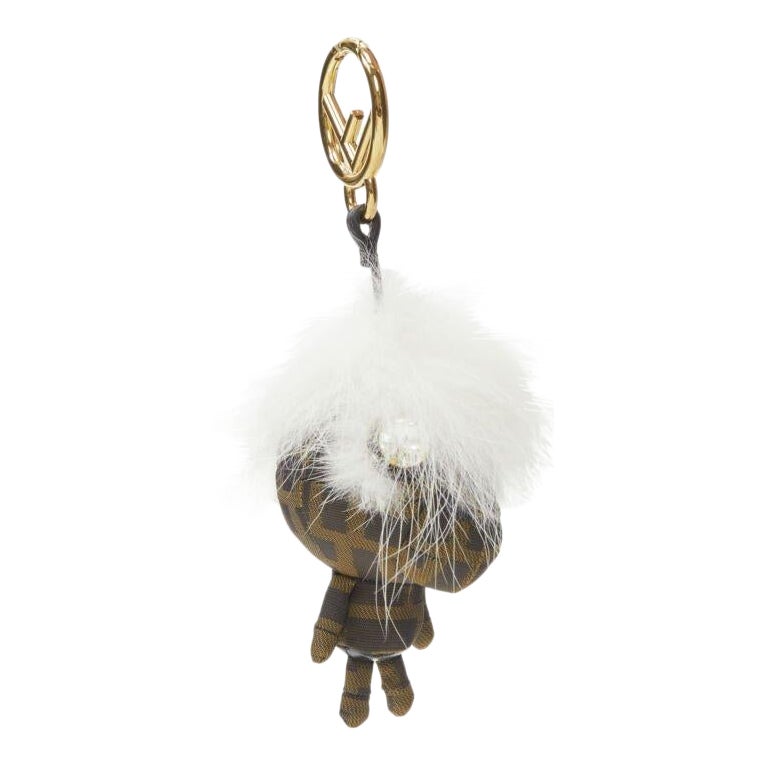 FENDI Space Monkey Zucca FF monogram white fur crystal keyring bag charm