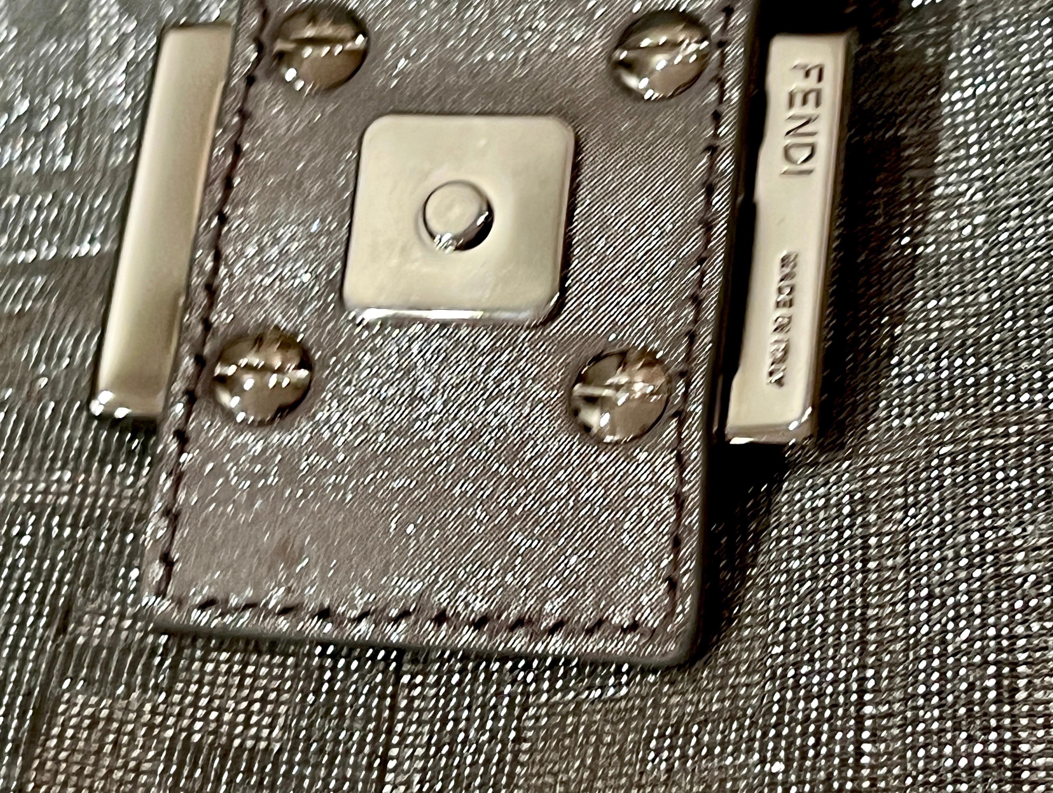 FENDI Sparkling Silver Metallic FF Zucca Logo Baguette Handbag  For Sale 5