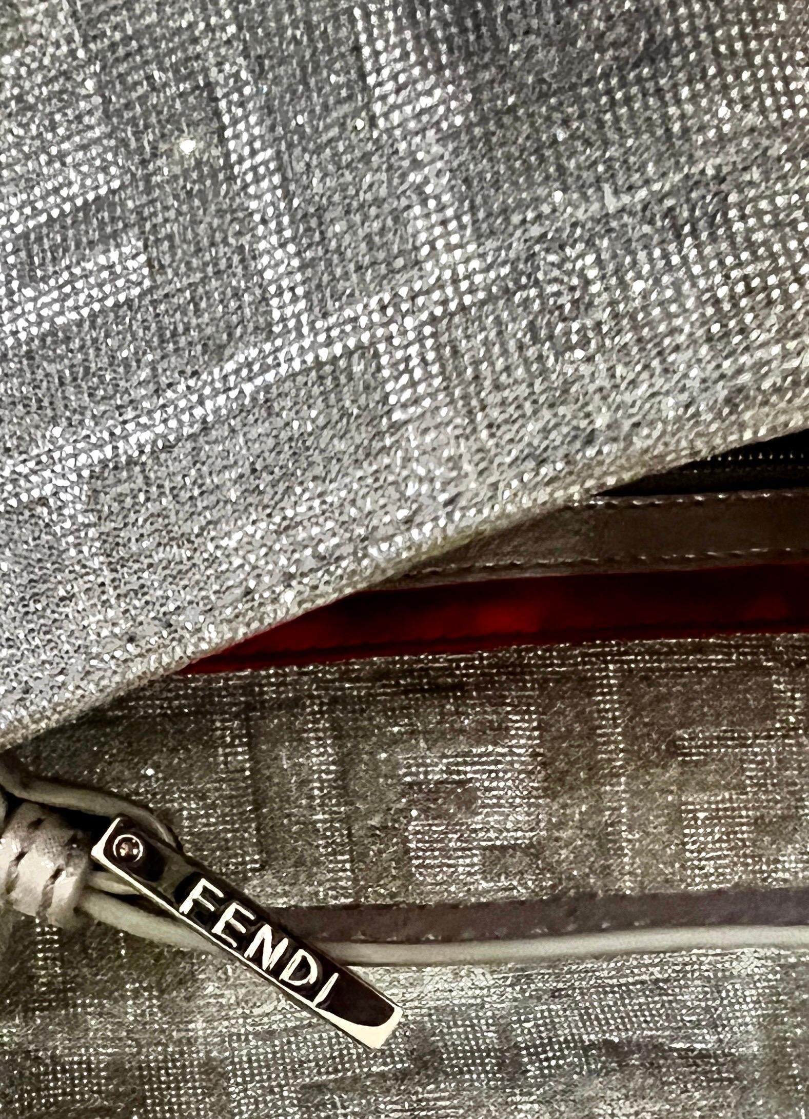 FENDI Sparkling Silver Metallic FF Zucca Logo Baguette Handbag  For Sale 6
