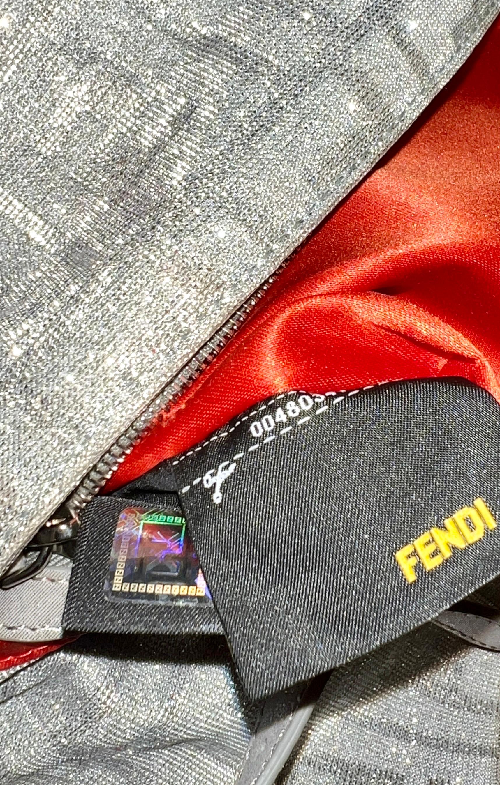 FENDI Sparkling Silver Metallic FF Zucca Logo Baguette Handbag  For Sale 8