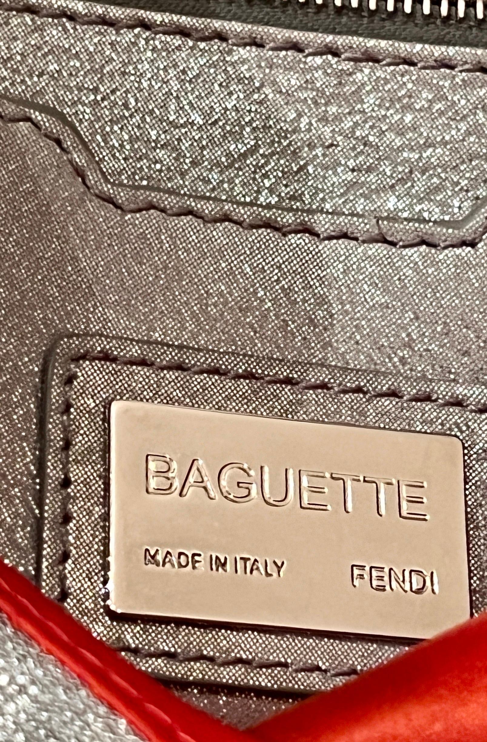 FENDI Sparkling Silver Metallic FF Zucca Logo Baguette Handbag  For Sale 12