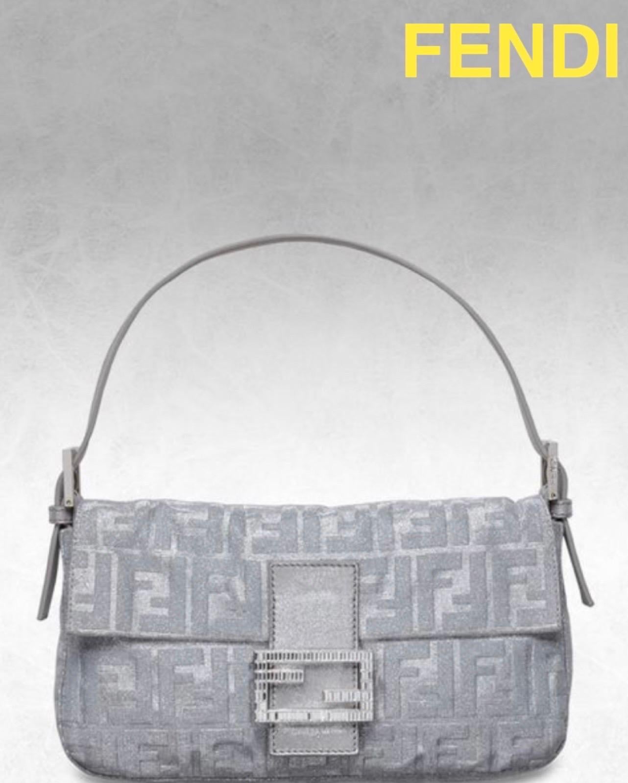 FENDI Sparkling Silver Metallic FF Zucca Logo Baguette Handbag  For Sale 13