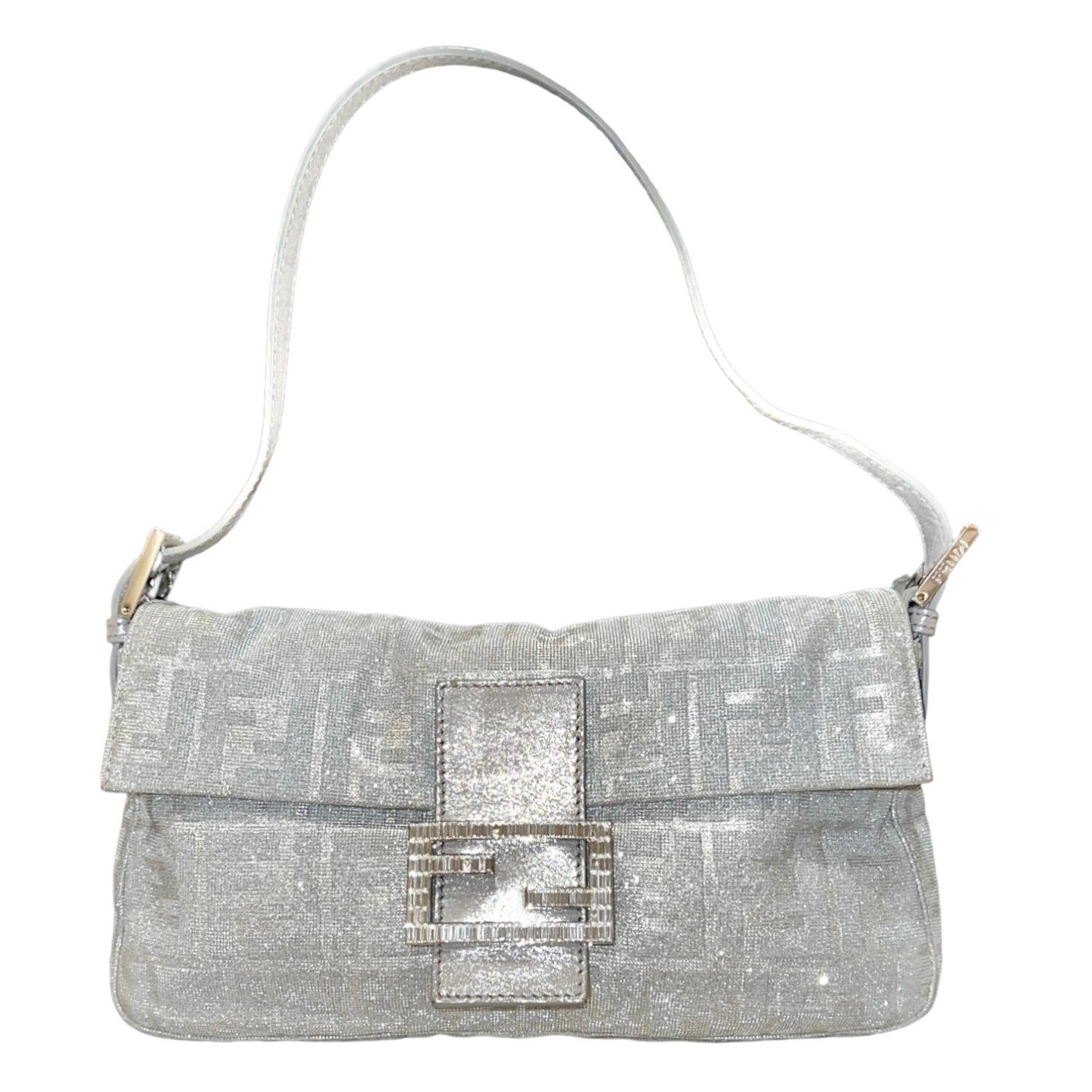 FENDI Sparkling Silver Metallic FF Zucca Logo Baguette Handbag  In Good Condition For Sale In Switzerland, CH