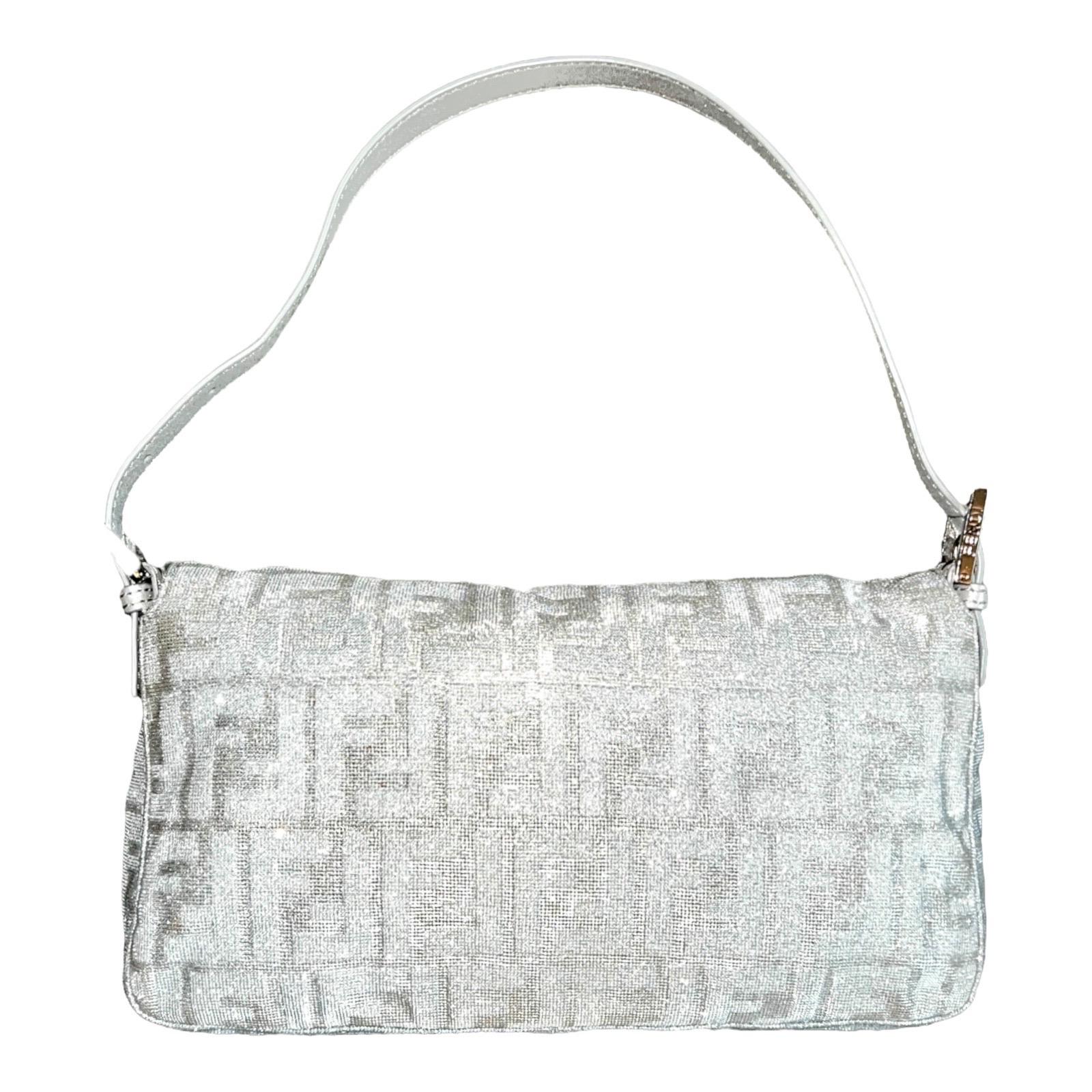 Women's FENDI Sparkling Silver Metallic FF Zucca Logo Baguette Handbag  For Sale