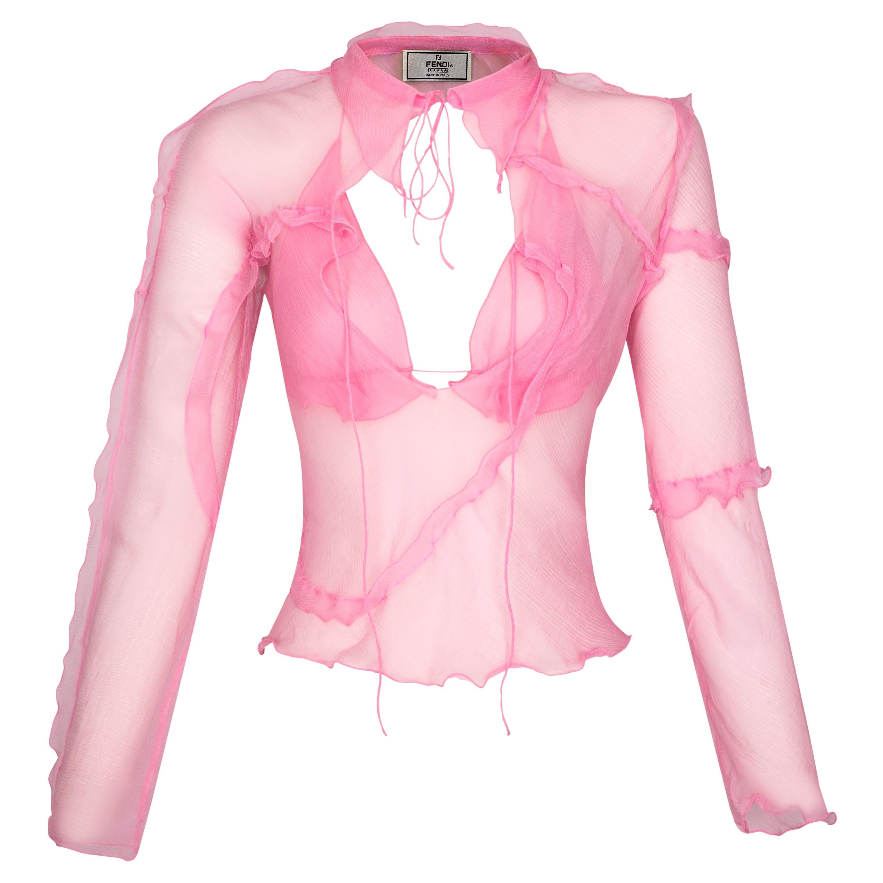 Fendi Spring 2000 Pink Silk Chiffon Blouse Bralette Set For Sale
